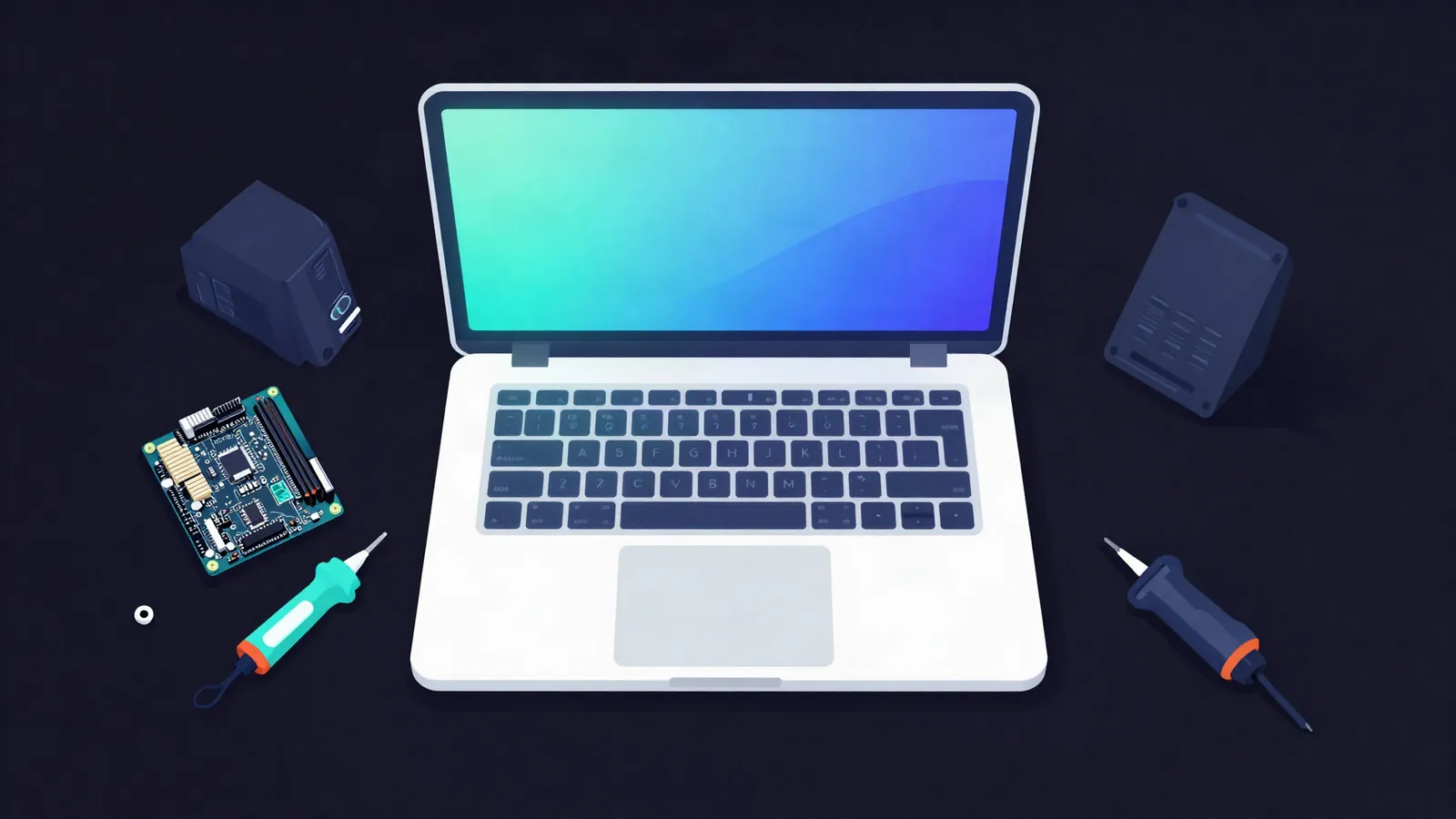 Escritorio minimalista con portátil, placa base y herramientas de electrónica