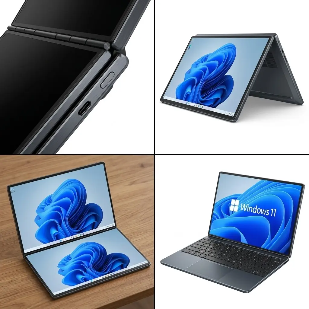 DanoSwift, portátil de doble pantalla, visto desde varios ángulos