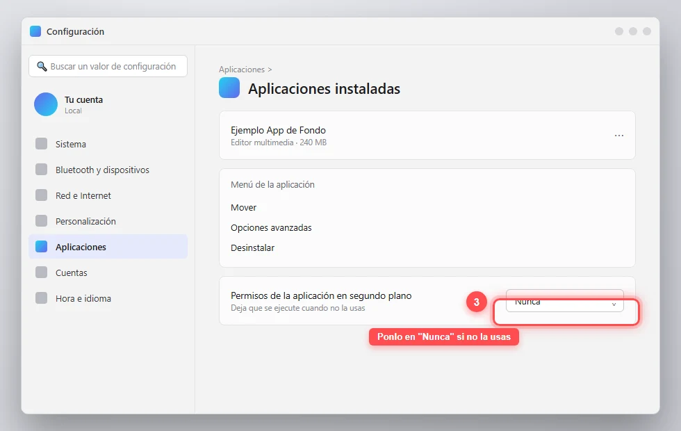 Captura ilustrativa de Aplicaciones instaladas en Windows 11 señalando el desplegable Permisos de la aplicación en segundo plano