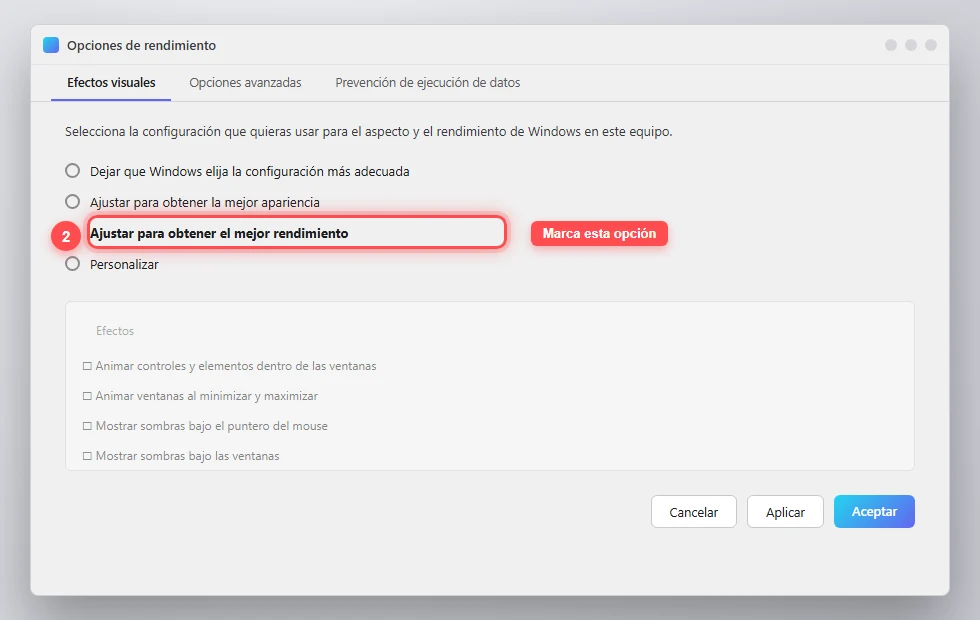 Captura ilustrativa del cuadro Opciones de rendimiento de Windows señalando la opción Ajustar para obtener el mejor rendimiento