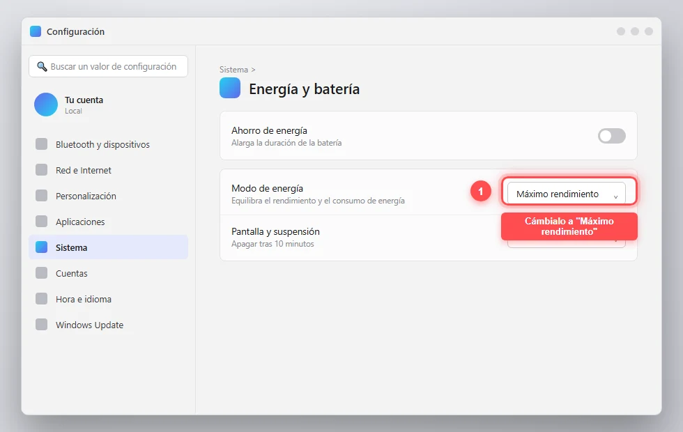 Captura ilustrativa de Configuración de Windows 11 señalando el desplegable Modo de energía en Sistema → Energía y batería